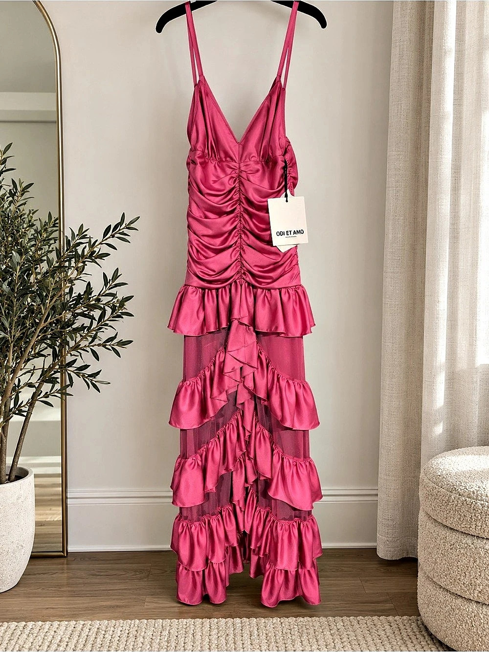 Odi et Amo Italian Fuchsia Ruched Ruffle Maxi Dress NWT IT 40